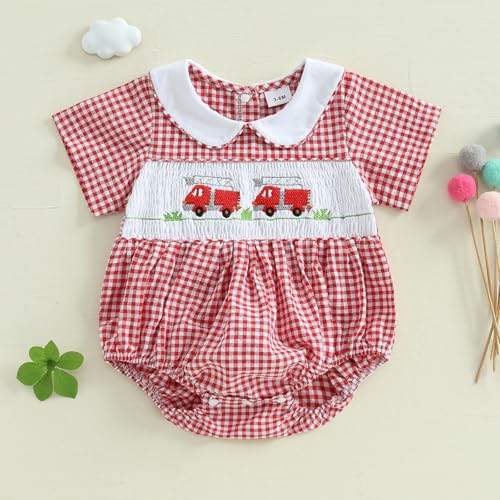 Honganda Newborn Infant Baby Girl Bubble Romper Fire Truck Doll Collar Short Sleeve Smocked Onesie Plaid Jumpsuit2