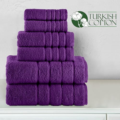 Image of Elegant Comfort 4 Lines Viscose Stripe 6-Piece Premium Towel Set - 100% Turkish Cotton High Absorbent Luxury Bathroom Towels - Includes 2 Washcloths, 2 Hand Towels and 2 Bath Towels Set, Purple