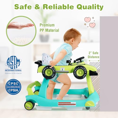 Image of GLACER Foldable Baby Walker, 4-in-1 Infant Walker with Adjustable Height & Speed, Music, Light, Steering Wheel & Washable Cushion, Baby Walker Activity Center for Boys Girls 6 -18 Months (Green)