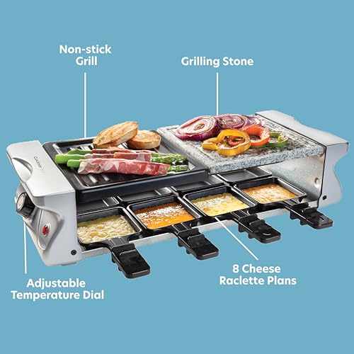 Electric Cheese Raclette Table Grill w Nonstick Grilling Plate & Cooking Stone- Indoor Smokeless Korean BBQ 8 Person Tabletop Cooker Hotplate- Melt or Grill Meat, Veggies for Home Dinner Party or Apps