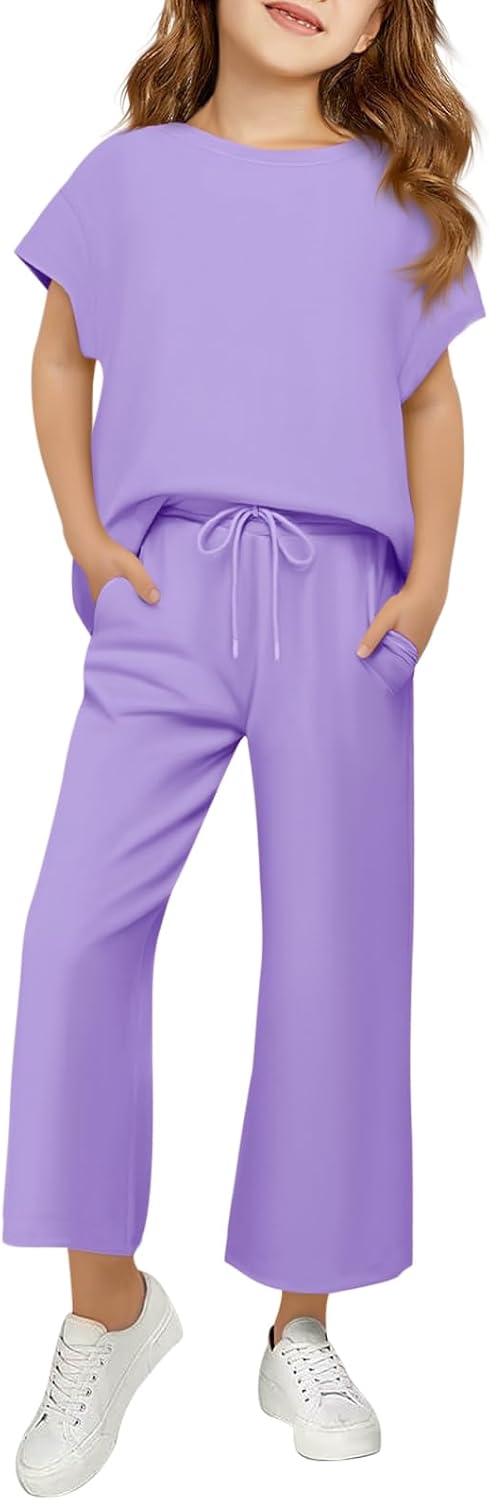 ガールズ アウトフィット ドロップスリーブ シャツ &amp; ドローストリング ワイドレッグパンツセット 軽量 キッズ スウェット