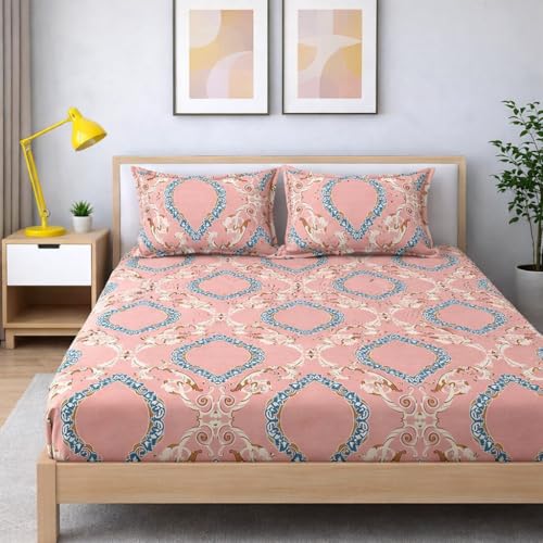Image of 350 TC Premium Heavy Cotton Feel Elastic Fitted Bedsheet King Size with 2 Pillow Covers || Double Bed with All Around Elastic (Salmon Pink, Fitted Queen-60x78)