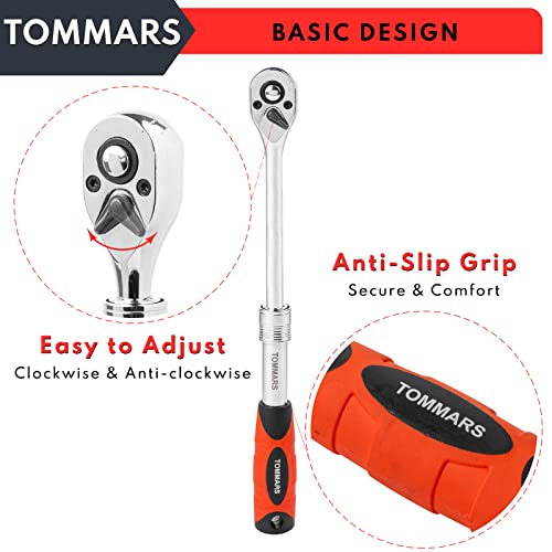 Image of TOMMARS Extendable Ratchet Set 1 /4 inch, 3 /8 inch, 1 /2 inch Socket Wrench Hand Tool Kit | Mechanic Hand Tool Set, Telescoping Design, 72 Tooth 5-degree swing arc, Quick Release, Reversible