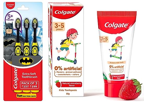 Image of Colgate Toothpaste For Kids (3-5 Years), Natural Strawberry Flavour, 0% Artificial - 80G Tube & Kids Batman Toothbrush, Extra Soft With Tongue Cleaner (Pack Of 3) | Cavity Protection