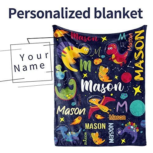 Image of Personalized Dinosaur Blanket for Boys Custom Name Space Blanket for Kids