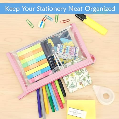 Image of GLUN Pink Transparent Zipper Pouch with inchAll The Best inch Stationery Kit Includes Scale, Pencil, Eraser, Sharpener & Pen Set for School Students