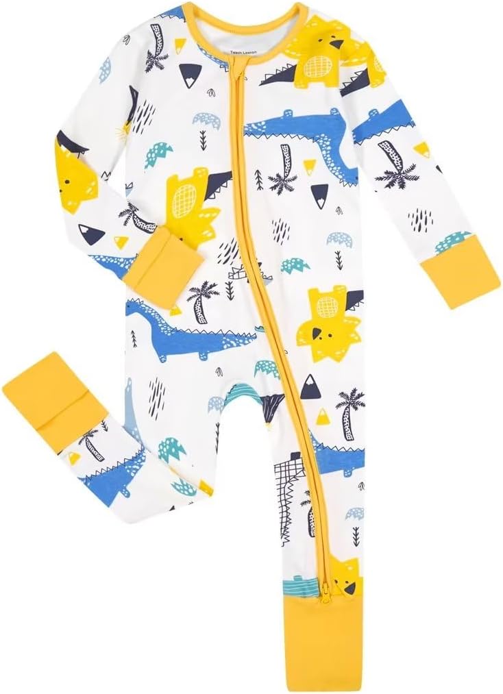 Teach Leanbh Unisex Baby Cotton Pajamas with Mittens and Feet Cuffs 2 Way Zipper Long Sleeve Romper Sleep and Play