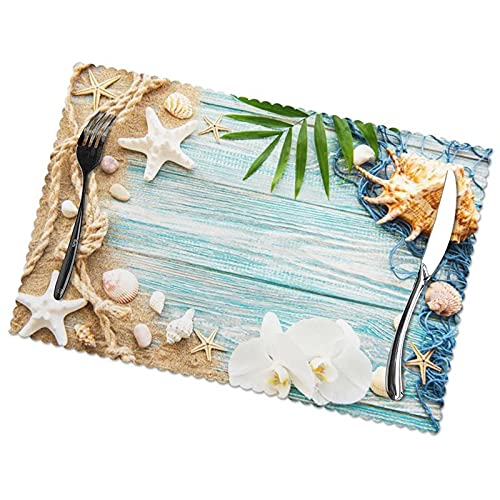 Beach Placemats Set of 4 for Dining Table Coastal Starfish Sand Place Mats Heat Resistant Washable Summer Style Nautical Table Mats Kitchen Decor Non-Slip Cloth Placemats 12x18 inch