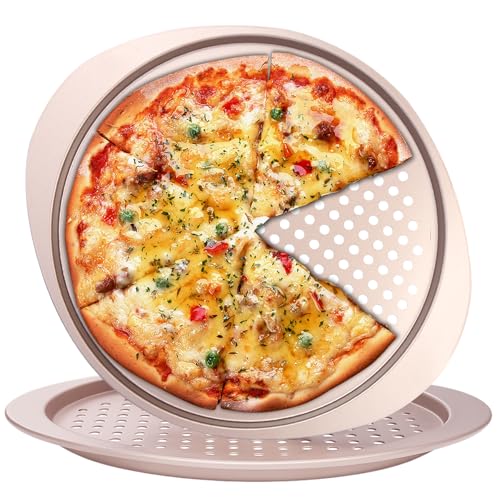 Barlket Pizza Pan, Pizza Pan with Holes 13 Inch Nonstick, Heavy Duty Round Perforated Pizza Tray Oven Safe, Even Heat for Crispy Homemade Pizza, Easy to Clean, Set of 2, Gold