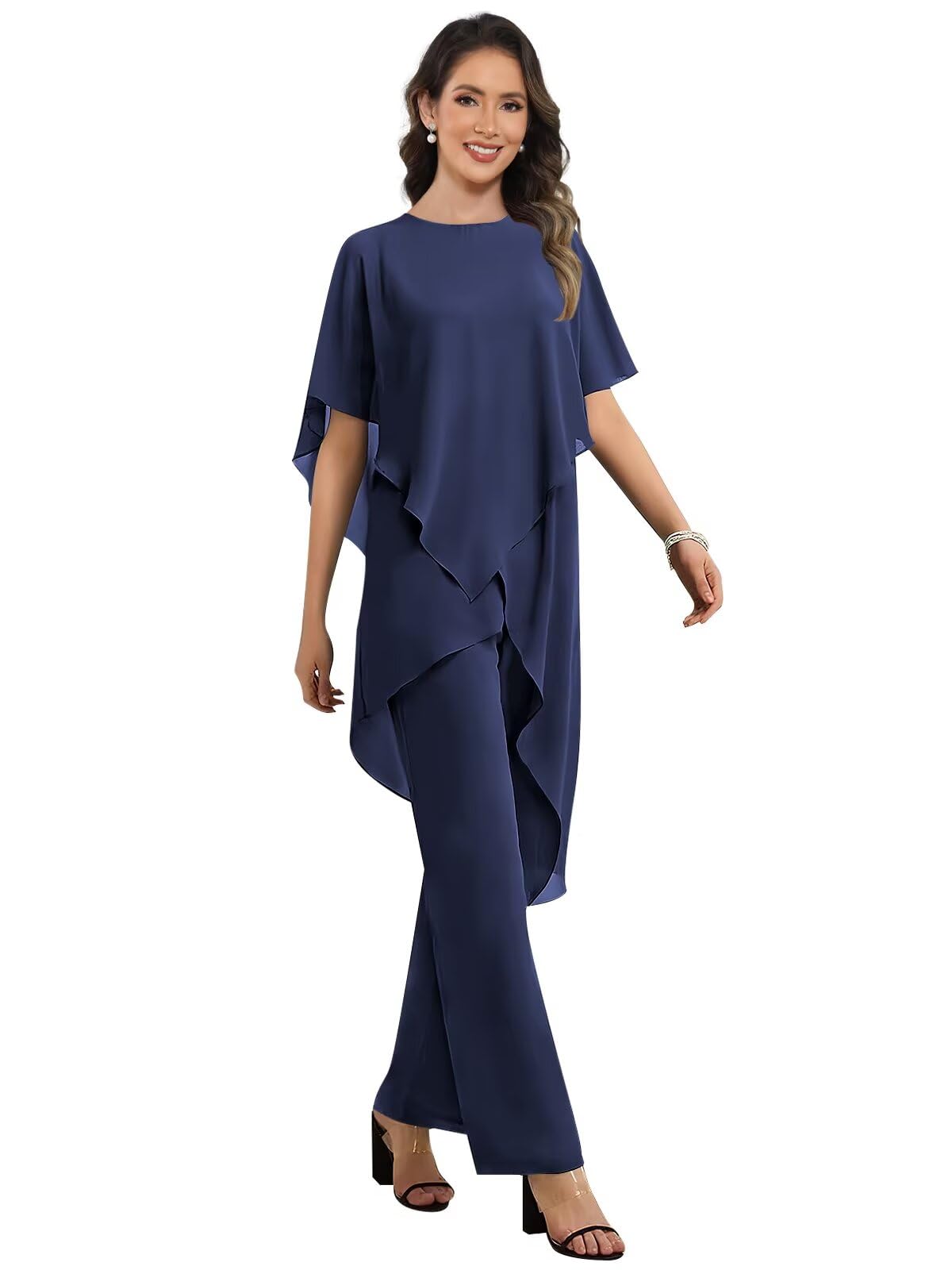 2 Pieces Mother of The Bride Pant Suits for Women Sleeve Chiffon Outfit Formal Evening Gown with Sleeves
