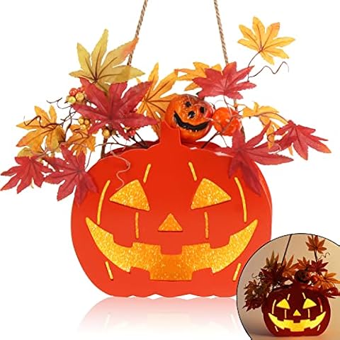 FOIMAS Halloween Door Hanging Sign,Pumpkin Wooden Front Door Sign Wreath with LED Lights for Halloween Trick or Treat Party Home Decoration Cover