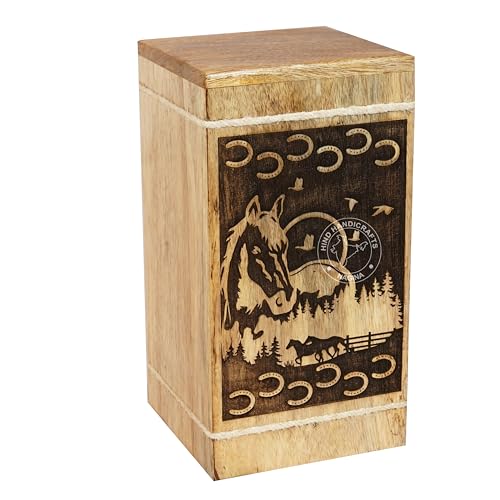Image of Handcrafted Floral Engraved Wooden Urns for Human Ashes Adult Large - Cremation Urn for Ashes - Burial Urn for Columbarium - Funeral Urn Box (Horse 2, 250 LB - Hardwood)