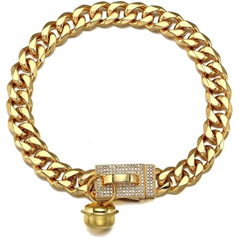 18K Gold Dog Collar 14mm Metal Stainless Steel with Cubia Zirconia Lock Dog Luxury Training Collar Cuban Lock Link Necklace Chain 18 inch Cover