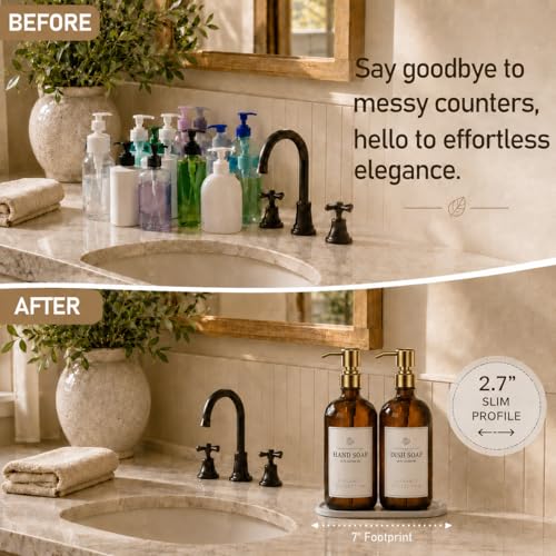 Image of Fachixy Amber Glass Soap Dispenser (2 Pack), 16 Fl Oz Hand & Dish Soap Dispenser Bottles Set with Rust-Resistant Stainless Steel Pump, Non-Slip Pad, 14 Waterproof Labels for Kitchen and Bathroom