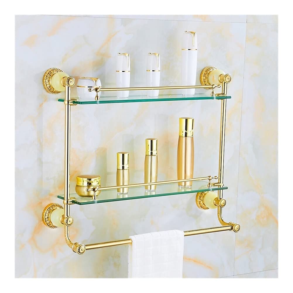 BAHELS Shower Caddy Golden Glass Shelf Bathroom Rack with Jade Golden Brass Glass Cosmetic Shelf Bathroom Shelf Corner