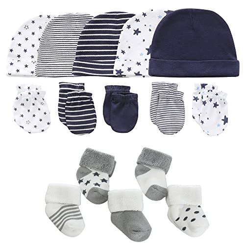 MAMIMAKA Baby Boys Caps Mittens and Thick Warm Socks Cotton Newborn Essentials Accessories (Hats+Gloves+Terry Socks),0-6 Months