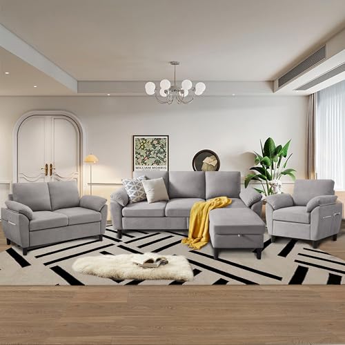 Chireca 4 Piece Convertible Sectional Sofa Set, Modern Linen Small L...