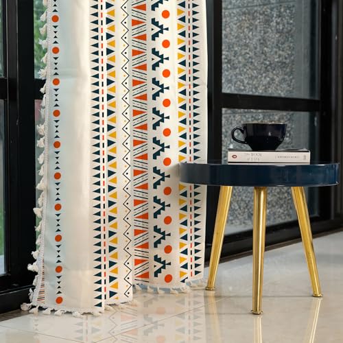 Image of Urban Space Abstract Bohemian Decorative Curtain for Window,100% Cotton Curtain 5 Feet Long,1 Piece Curtain with Tassels,60-65% Room Darkening Curtain with Tieback and Eyelets (Ikat Orange,5 Feet)
