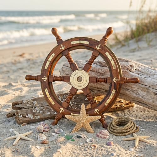 Nagina International Nautical Premium Sailors Hand Crafted Brass & Wooden Ship Wheel | Luxury Gift Decor | Boat Collectibles (12 Inches Anchor & Strip)