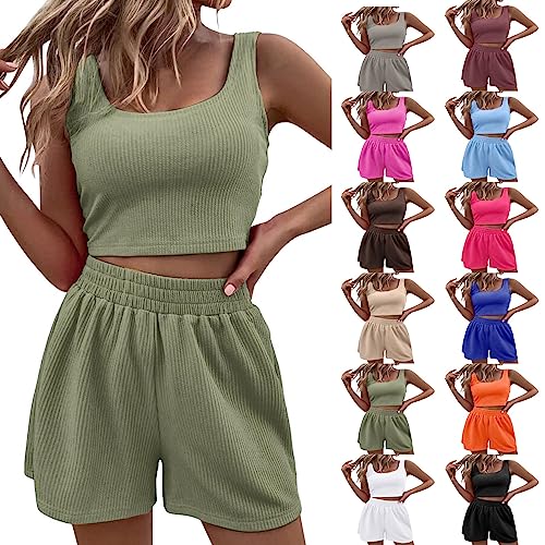 Generisch Shorts Damen Sommer Zweiteiler Sommer Hosenanzug Elegant Outfits Kleidung 2 Teiler Set Crop Tank Top + Shorts Y2k Aesthetic Clothes Workout Sport Anzug c-AG M