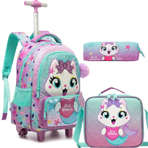 Danfimy Mochila infantil com rodinhas para meninas, meninos, bagagem de mão com rodas, conjunto de mochila escolar para o ensino fundamental e diário, Gato sereia 19105T-3, Medium, Leve