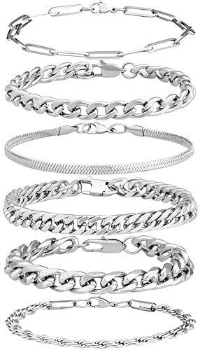 YATOJUZI 6 Pcs Stainless Steel Bracelets for Men Bracelets for Men Cuban Link Bracelet Rope Paperclip Snake Chain Bracelet Set 7.5/8.3/9 Inches Mens Metal Accessories