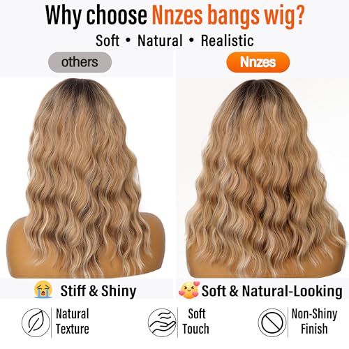 Image of Nnzes Short Wavy Bob Wig with Bangs for Women Shoulder Length Curly Soft Ombre Light Brown With Blonde Synthetic Heat-Resistant Fiber Hair for Daily & Party Use