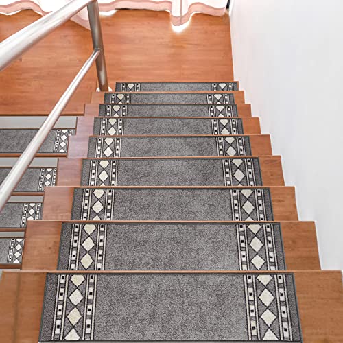 Antep Rugs Non Slip Stair Treads Carpet Modern Bordered Peel And Stick Alfombras, Set Of 13, Gray, 8"X30" #TOP26