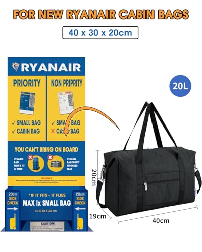 Narwey 20L Ryanair Handgepäck 40x30x20 für Flugzeug, Klein Faltbare Reisetasche Damen & Kliniktasche Geburt Sporttasche Weekender Damen Herren (Schwarz)