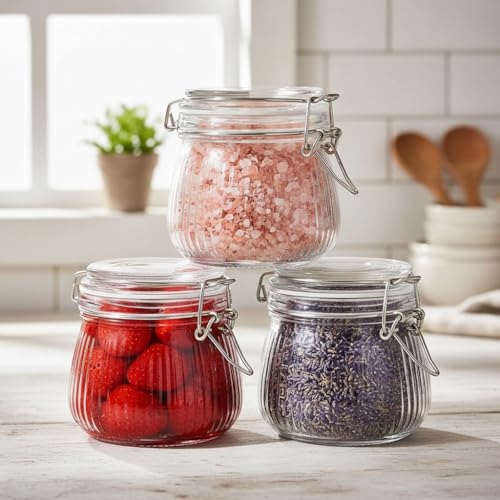 Image of ginoya brothers Airtight Glass jar with lid Storage Containers,Glass Canister, Mason Jars, Small Striped Clip Fastening Jar for Kitchen Canning, Overnight Oats, Pickle, Spice. (3, 500 ML)