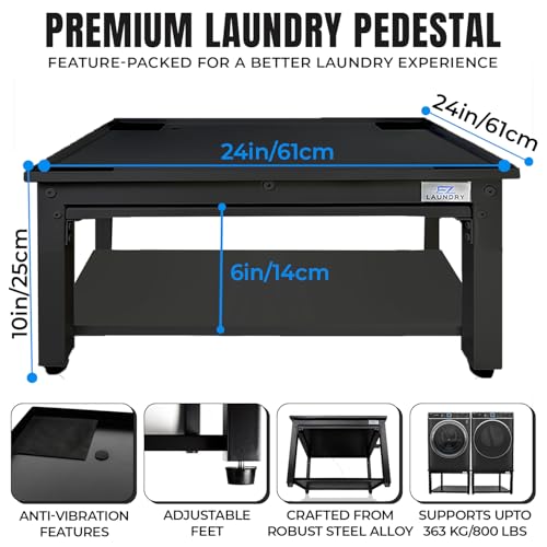 Image of Laundry Pedestal for Washer or Dryer with Drain Pan & Hose - 24 inchW, 10 inchH | Universal Fit 800 lbs Capacity Steel Stand With Pull Out Shelf for Back Pain Relief, Keeps Space Clean, All Brands Supported