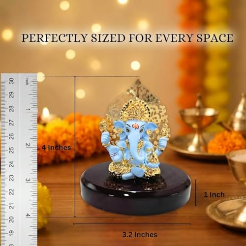 Image of Gold Plated Kalpavrikshya Tree Ganesh Idol Ganpati Murti for Car Dashboard, Office Desk, Hindu God Gift & Home Decor - Resin (Blue) - 3 Inches - Pack of 1