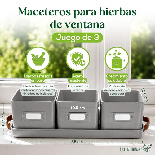 Miniatura 2 de Green Thumbz Macetas Decorativas Interior Con Macetero Rectangular Con Mangos De Cuero - Macetas Y Jardinera Rectangular Ideales Para Plantas De Interior - Color Gris