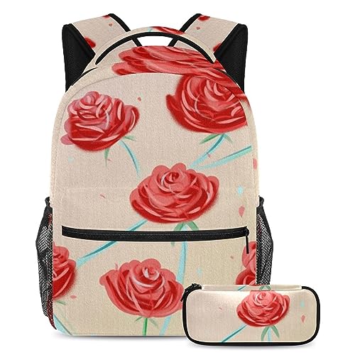 Sac à dos rose avec trousse assortie pour écoliers et adolescents de 40 cm
