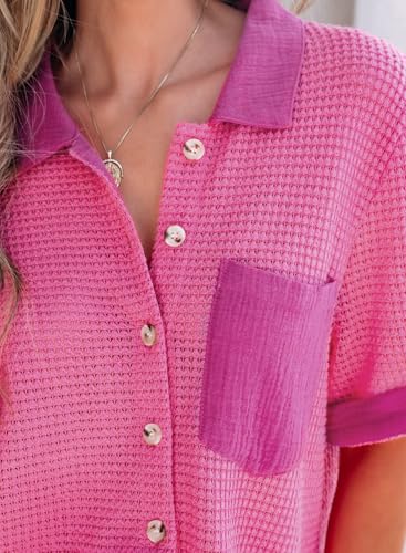 Image of Astylish Womens Waffle Knit Button Down Shirts Tops Casual V Neck Short Folded Sleeve Dressy Blouses
