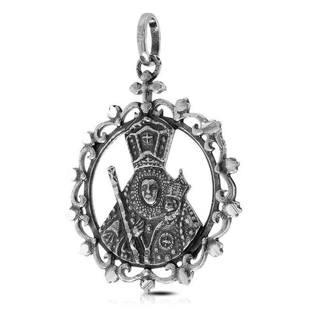 Medalla Colgante Virgen de la Cabeza, Plata de Ley 925 Envejecida, Calada con Cerco Tallado, 40mm x 28mm