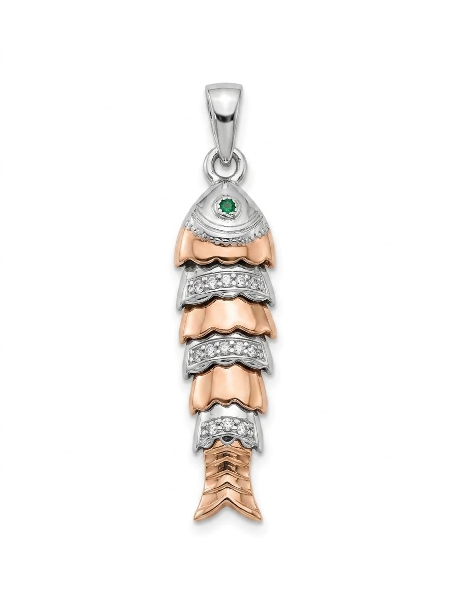 GlitzHeaven Ornaments 925 Sterling Silver Fish Pendant | Two-Tone Rose Gold & Silver Finish | Cubic Zirconia with Green Stone Eye | Lucky Charm Pendant-image-30