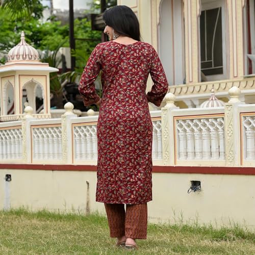 Image of LookMark Women's Embroidered Cotton Straight Kurta Set with Pants & Dupatta - Elevate Your Style with This Exquisite Ensemble