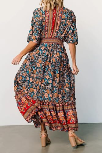 R.Vivimos Women's Summer Boho Floral Print Midi Dress Short Sleeve Deep V Neck Empire Waist Flowy Beach Dress with Pockets4