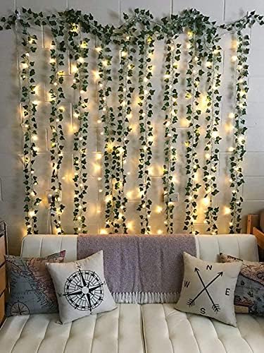 YQing 12 Pack Artificial Ivy Leaf Garland Plants Vine Hanging Wedding Garland English Ivy with 90 LED String Light Home Kitchen Garden Office Wedding Wall Decor
