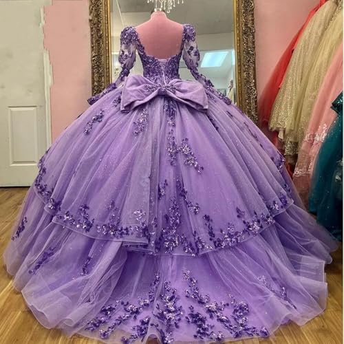 Sparkly Lace Flower Square Neck Asymmetrical Puffy Skirt Quinceanera Prom Dresses Long Illusion Sleeves 20254