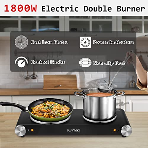Electric Burner, Cusimax Hot Plates For Cooking, 1800W Double Burner, Portable Stove, Cast Iron Heating Plate, Countertop Burner, Stainless Steel Easy To Clean, Black #TOP2