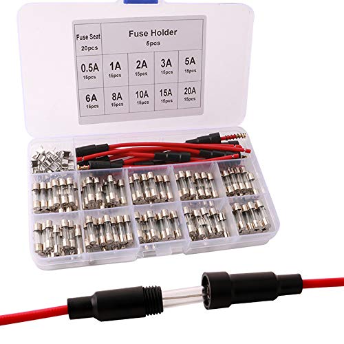 FULARR® 175Pcs 5X20mm Profesional Coche Vidrio Tubo Fusible Kit: 150Pcs Rapido Soplo Vidrio Fusible + 20Pcs Fusible Clip + 5Pcs Tornillo Tipo Portafusible, con Transparente Plástico Caja