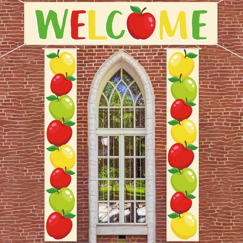 Image of Funrous 3 Pcs Back to School Welcome Door Banners New School Year Door Decorations Apple Theme Welcome Porch Sign Hanging Porch Photo Props for Wall Outdoor Indoor Classroom Party Supplies