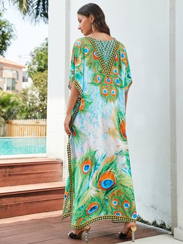 Image of IMAGEKOPE Women's Plus Size Loose Fit Moroccan Print V-Neck Batwing Kaftan Beach Dress Bathing Suit Cover Up