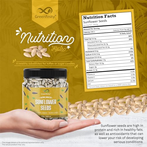 Image of GreenFinity Raw Sunflower Seeds | Rich in Protein, Fiber, Vitamins and Antioxidants | Nutritious Diet Food for Weight Management, Healthy Snacks, Cooking, Smoothies and Salads (250g)