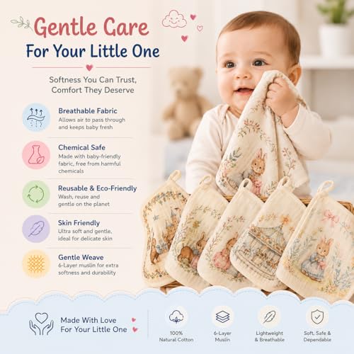 Image of Muslin 6 Layer 100% Organic Bamboo Cotton Face Towels for Newborn Baby Extra Soft Hankies Reusable Napkins for Infants Toddlers /Kids (Pack of 4 Printed Napkin 25x25 CM)