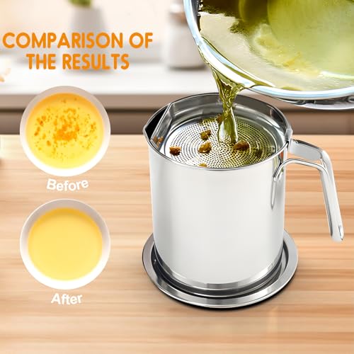 Image of Chihee Oil Strainer Pot Grease Can 2 L Stainless Steel Oil Storage Can Container with Fine Mesh Strainer Dust-proof lid Non-slip Plate Suitable for Storing Frying Oil and Cooking Grease | Easy to Clean Large Spout Bacon Grease Saver Cooking Oil Keeper Stoarge Can with Dust-proof Lid Non-slip Tray Kitchen Frying