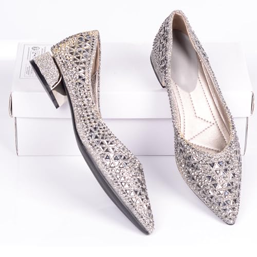 Women's Low Block Chunky Heels Dress Shoes, Rhinestone Comfort Dress Shoes for Women, Pointed Toe Soft Dress Wedding Shoes for Party Office2