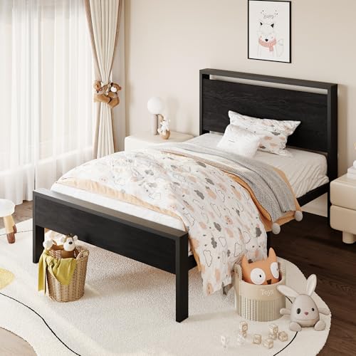 Image of SHA CERLIN 14 Inch Twin Size Metal Platform Bed Frame with Wooden Headboard and Footboard, Mattress Foundation, No Box Spring Needed, Large Under Bed Storage, Heavy Duty Slats Support, Black Oak